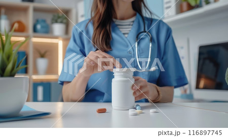 Doctor holding a bottle of orange capsules with plants in the background. Medical professional showcasing pharmaceutical product. Concept of natural healthcare and medication. 116897745