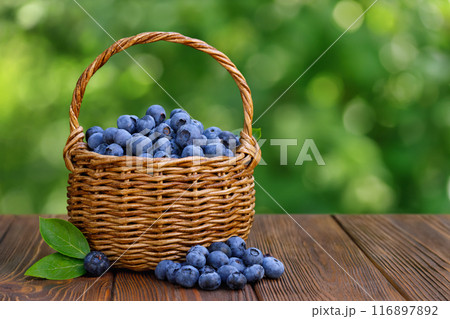ripe blueberries in wicker basket on wooden table outdoors 116897892