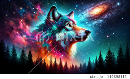102. 銀河を見ている幻想のオオカミ 宇宙を背景に輝く狼の幻想的なイラストのイラスト素材 [116898115] - PIXTA