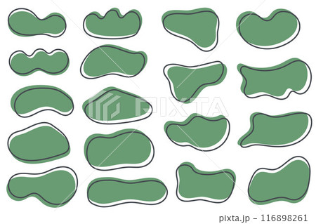 Irregular organic blobs set. Abstract vector round liquid forms on white background. Random fluid bubbles and simple amoeba wavy splashes. Green stain blots and curvy asymmetric stains 116898261