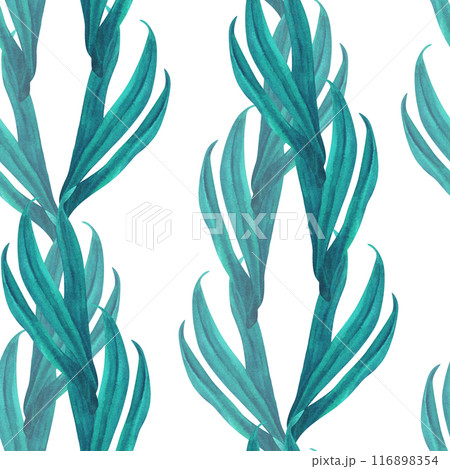 Seamless pattern of fresh blue-green grass and leaves. Watercolor illustration of tropical leaves, hand drawn for template for textile, fabric, wrapping paper, scrapbooking, wallpaper, travel, carpet 116898354
