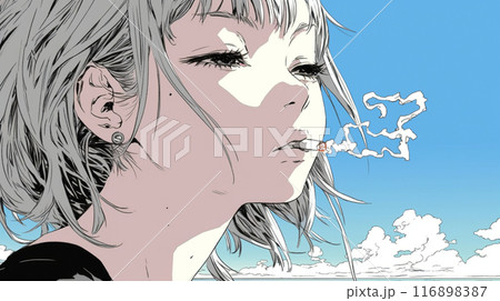 くわえたばこで喫煙している若い女性
