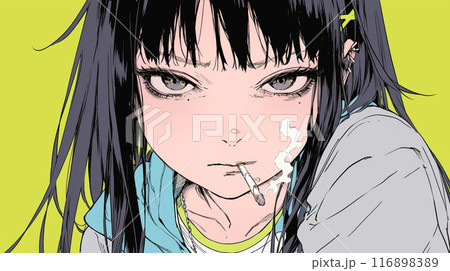 くわえたばこで喫煙している若い女性