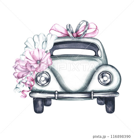 A retro car decorated with flowers and rings. A festive white vintage car for a wedding. A watercolor illustration made by hand. An element of the design of postcards, banners, flyers and invitations. 116898390