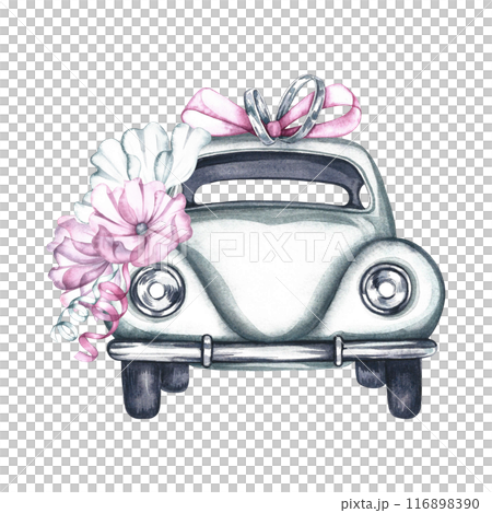 A retro car decorated with flowers and rings. A festive white vintage car for a wedding. A watercolor illustration made by hand. An element of the design of postcards, banners, flyers and invitations. 116898390