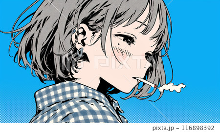 くわえたばこで喫煙している若い女性