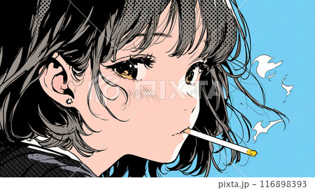 くわえたばこで喫煙している若い女性