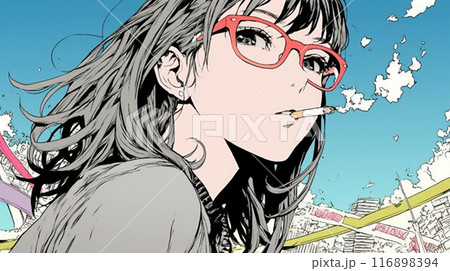 くわえたばこで喫煙している若い女性