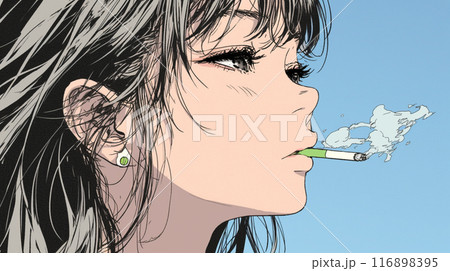 くわえたばこで喫煙している若い女性