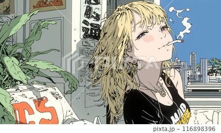 くわえたばこで喫煙している若い女性