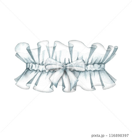 White wedding garter. An element of the bride's outfit. The lady logo. A separate watercolor illustration made by hand. An element of the design of postcards, banners, flyers and invitations. 116898397