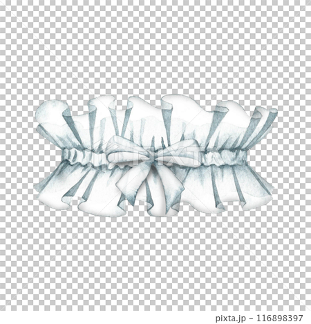 White wedding garter. An element of the bride's outfit. The lady logo. A separate watercolor illustration made by hand. An element of the design of postcards, banners, flyers and invitations. White wedding garter. An element of the bride's outfit. The lady logo. A separate watercolor illustration made by hand. An element of the design of postcards, banners, flyers and invitations. 116898397