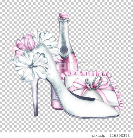 The wedding composition is in delicate white and pink tones. Women's high-heeled shoes, wedding rings on a cushion. A bottle of pink champagne. A watercolor illustration made by hand. Isolated. The wedding composition is in delicate white and pink tones. Women's high-heeled shoes, wedding rings on a cushion. A bottle of pink champagne. A watercolor illustration made by hand. Isolated. 116898398