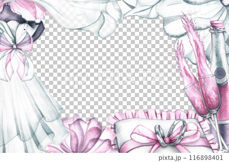 Wedding frame with pink and white flowers, bride's dress, wedding rings and champagne. Handmade watercolor illustration. For greeting and invitation cards, banners, flyers and poster, packaging, label Wedding frame with pink and white flowers, bride's dress, wedding rings and champagne. Handmade watercolor illustration. For greeting and invitation cards, banners, flyers and poster, packaging, label 116898401