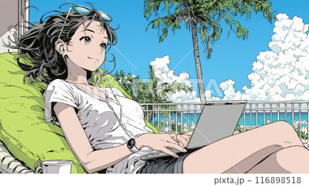 トロピカルリゾートに来ているのにPCを手放せない若い女性