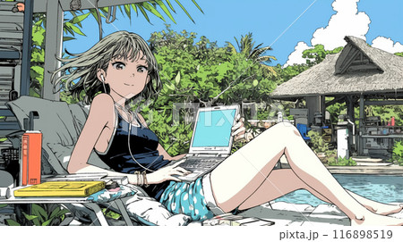 トロピカルリゾートに来ているのにPCを手放せない若い女性