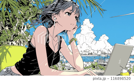 トロピカルリゾートに来ているのにPCを手放せない若い女性