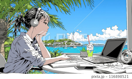 トロピカルリゾートに来ているのにPCを手放せない若い女性