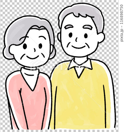 A watercolor-style hand-drawn illustration of a smiling senior couple A watercolor-style hand-drawn illustration of a smiling senior couple 116898750