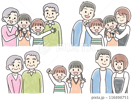 笑顔の三世代家族の水彩風手書きのイラスト素材セット 笑顔の三世代家族の水彩風手書きのイラスト素材セット 116898751