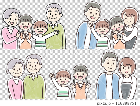 笑顔の三世代家族の水彩風手書きのイラスト素材セット 笑顔の三世代家族の水彩風手書きのイラスト素材セット 116898751