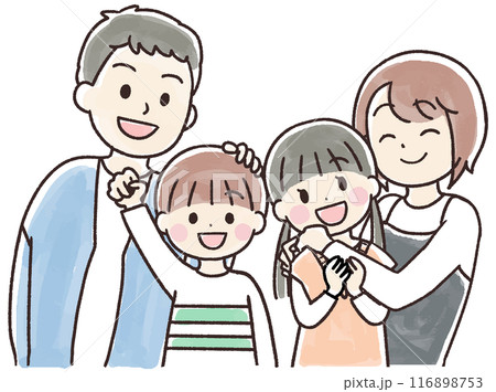笑顔で並ぶ家族の水彩風手書きのイラスト 笑顔で並ぶ家族の水彩風手書きのイラスト 116898753
