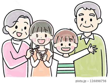 笑顔の孫と祖父母の水彩風・手書きイラスト 笑顔の孫と祖父母の水彩風・手書きイラスト 116898756