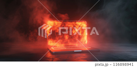 Fiery laptop engulfed in smoke on dark background, realistic scene 116898941