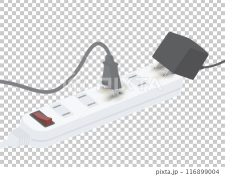 Illustration of a dangerous outlet plug and power strip that is about to come loose 116899004