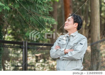 公園・森林で樹木をチェックする作業着姿の林業の男性 公園・森林で樹木をチェックする作業着姿の林業の男性 116899009