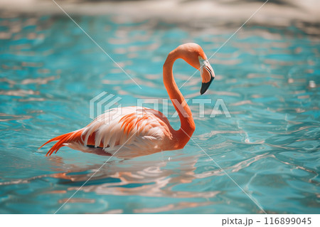 Closeup of a flamingo wading in the sea with beautiful reflections in the water 116899045