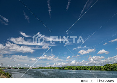 大阪モノレールの鉄橋と夏の淀川風景 大阪モノレールの鉄橋と夏の淀川風景 116899069