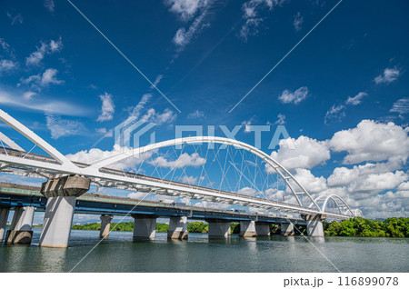 大阪モノレールの鉄橋と夏の淀川風景 116899078