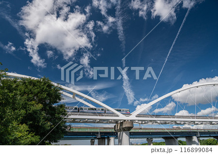 大阪モノレールの鉄橋と夏空風景 116899084