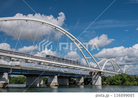 大阪モノレールの鉄橋と夏の淀川風景 大阪モノレールの鉄橋と夏の淀川風景 116899085