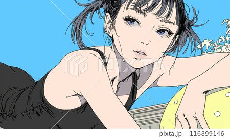 スクール水着（レオタード）姿で横になっている若い女性