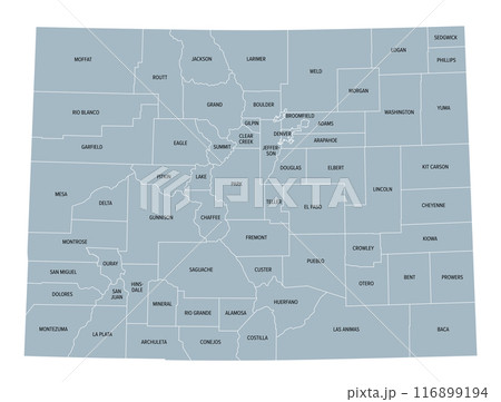 Colorado counties, gray political map with borders and county names. State in the Mountain West subregion of the United States, subdivided into 64 counties. Nicknamed Centennial State. Illustration 116899194