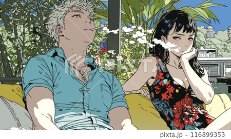 パートナーのたばこの煙を嫌がる若い女性 116899353