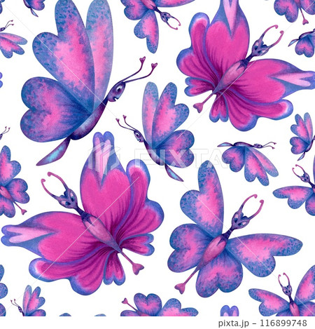 Seamless pattern of holographic butterflies with pink hearts on the wings, tropical blue-green leaves for the holiday of love, wedding, Valentine's Day, textile, fabric, wrapping, scrapbook, wallpaper 116899748
