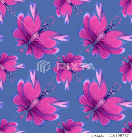 Seamless pattern of holographic butterflies with pink hearts on the wings, tropical blue-green leaves for the holiday of love, wedding, Valentine's Day, textile, fabric, wrapping, scrapbook, wallpaper Seamless pattern of holographic butterflies with pink hearts on the wings, tropical blue-green leaves for the holiday of love, wedding, Valentine's Day, textile, fabric, wrapping, scrapbook, wallpaper 116899757