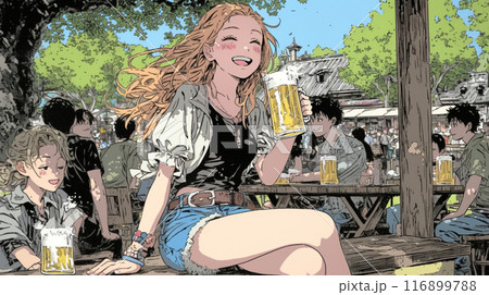仲間とビアガーデンで大はしゃぎの若い女性
