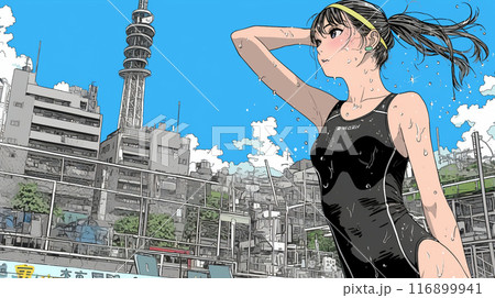 スクール水着を着ている女学生