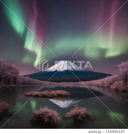 日本の富士山の上に広がるオーロラ 116900197