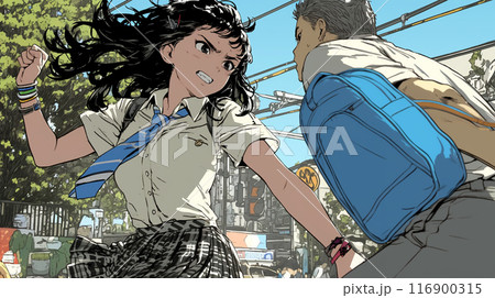 ひったくりや痴漢男を殴りつけてる（すでに金的は入ってる）女子高生
