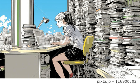 膨大な資料に取り囲まれて黙々と作業をしている若い女性