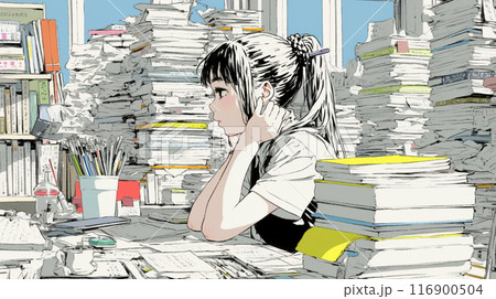 膨大な資料に取り囲まれて黙々と作業をしている若い女性