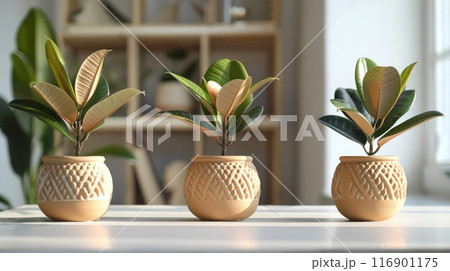 Three houseplant ficus trees in clay pots with pattern on windowsill bright sun rays shine from window, an interesting hobby cultivation of indoor flowers 116901175