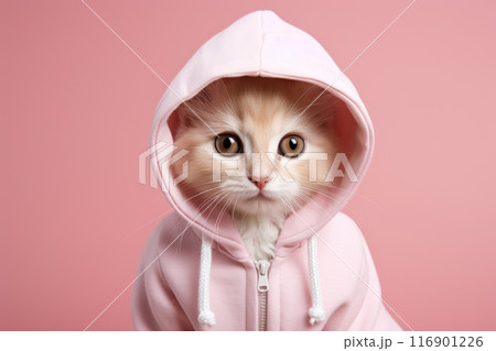Portrait of small red kitten wearing pink jacket with zipper hood isolated on pink background with studio light 116901226