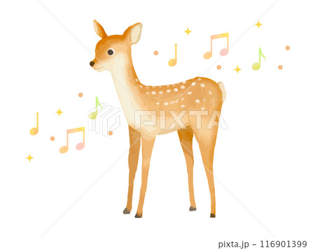 水彩風のかわいい小鹿と楽しい音符のイラスト素材 116901399