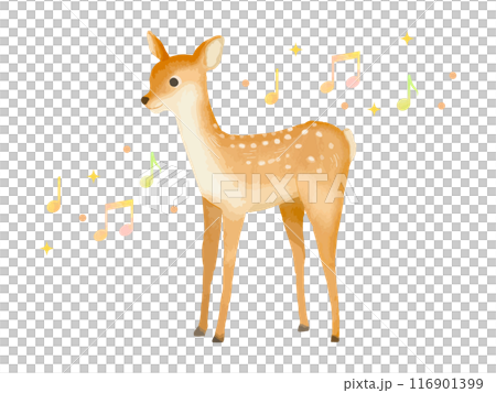 水彩風のかわいい小鹿と楽しい音符のイラスト素材 116901399